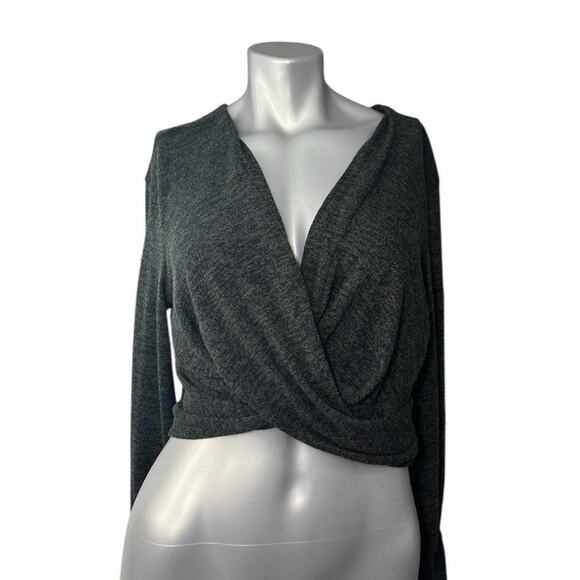 Anthropologie Cropped Sweater Crossover Gray Cropped Small Long Sleeve Knit Boho - Picture 1 of 10